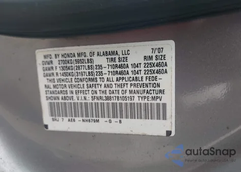 2007 Honda Odyssey Touring z USA, uszkodzony, nr VIN 5FNRL38817B105197